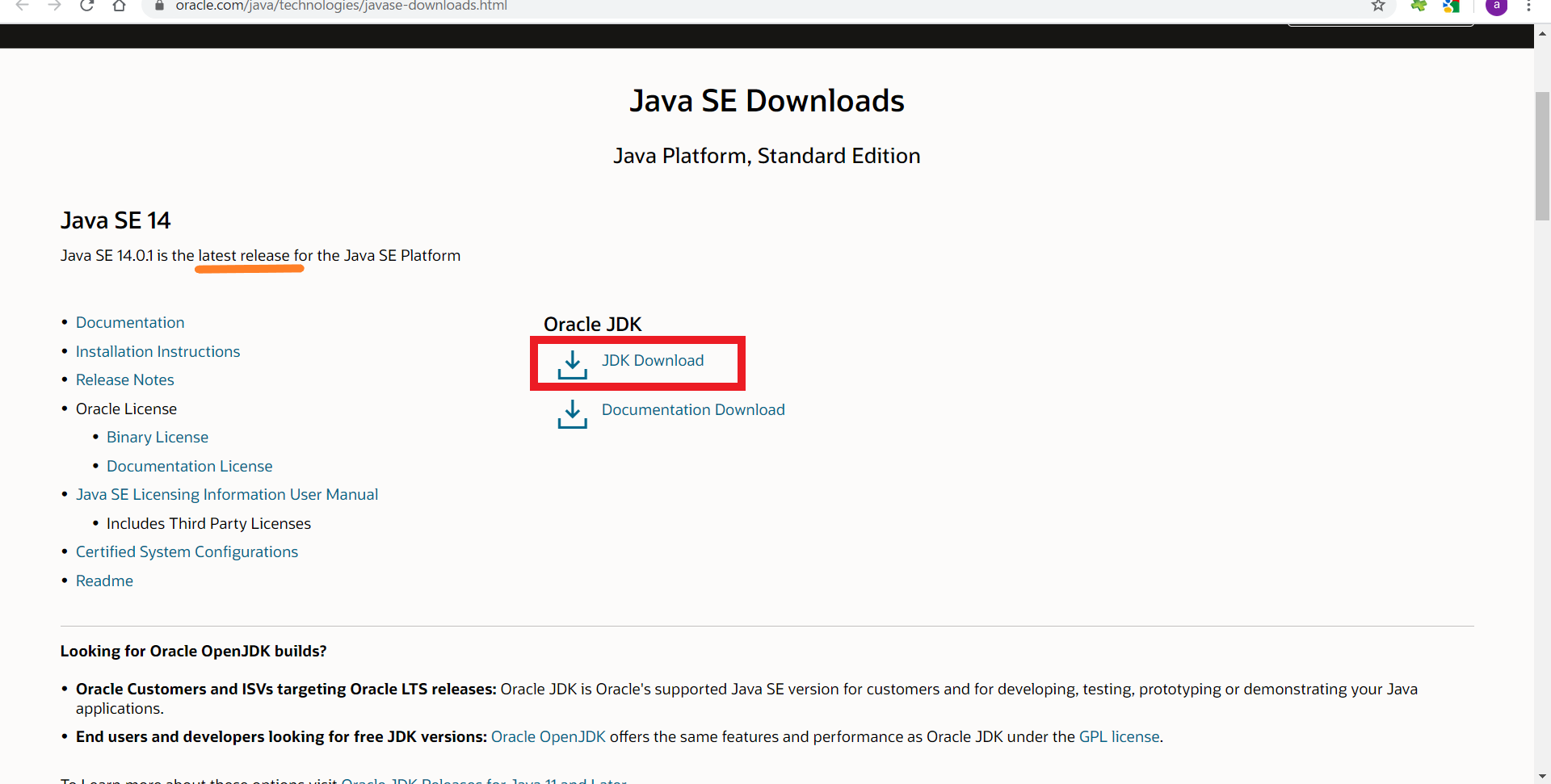 JDK14のダウンロード画面